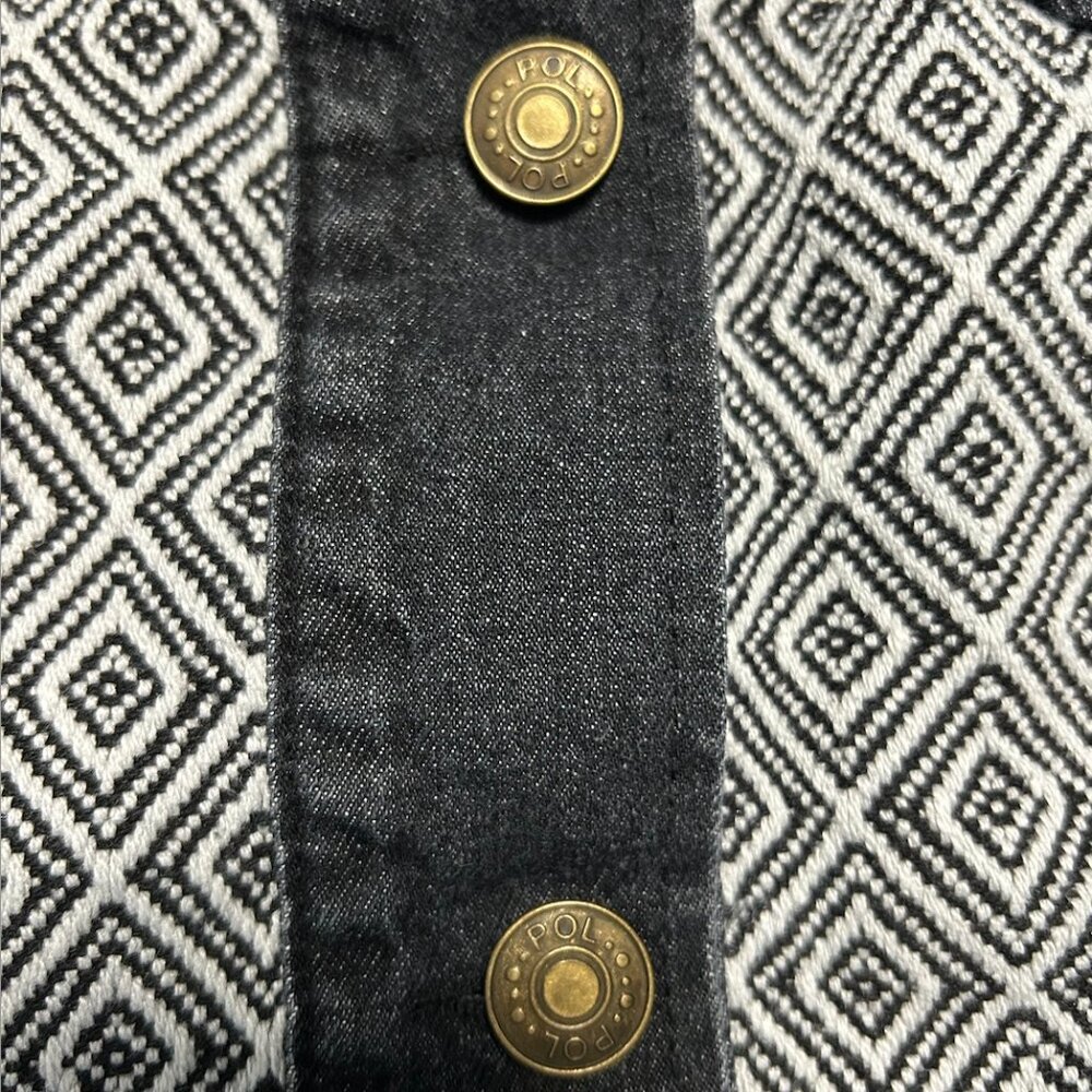 POL Black Washed Denim Jacket Geometric Tapestry/Embroidered Sleeves Women's S - Picture 5 of 12